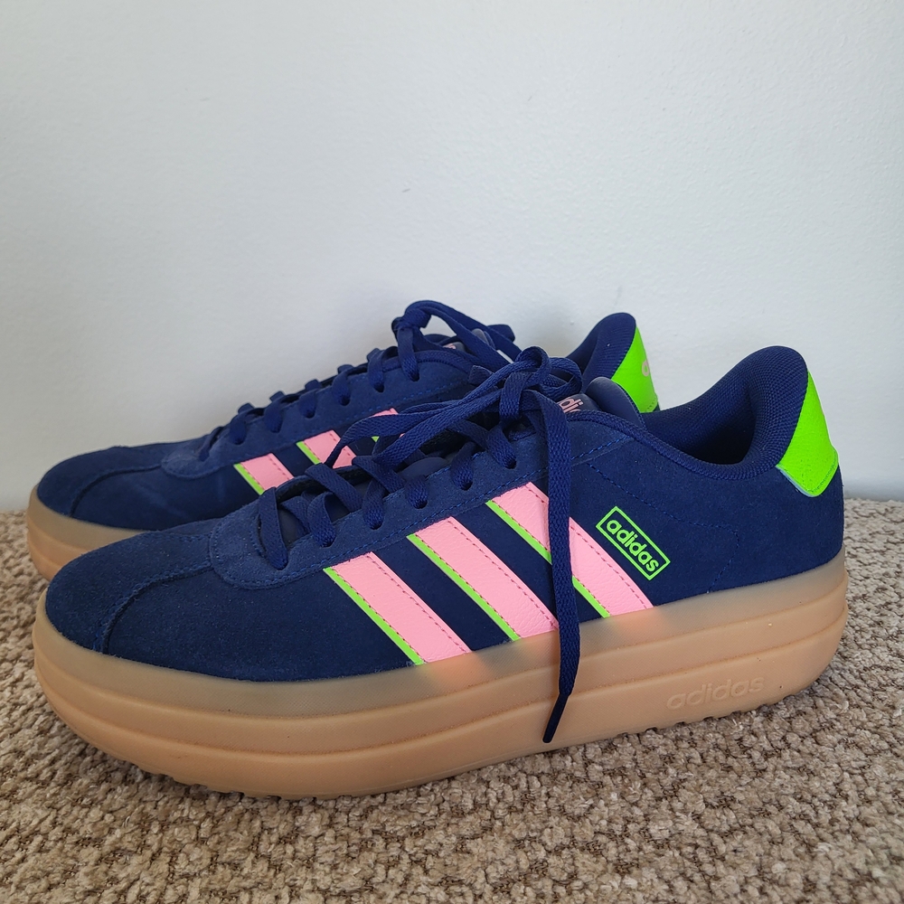 adidas Navy Suede Platform Sneakers with Pink Stripes & Neon Green Heel